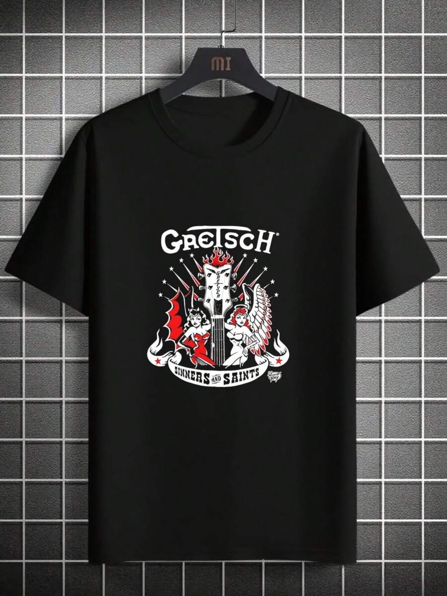 Sinners Saints Gretsch Guitar T-Shirt| Rock Out In Style - Crew Neck, Short Sleeve, Casual Fit, All-Season, Digital Heat Transfer Print, Perfect For Daily & Casual Wear - 黑色 - 查看 1