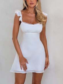 Women's Summer Lace Trimmed Dress Elegant Solid Color Sleeveless Square Neck Mini Dress for Party Date Night Wear - Blanco - Ver 4