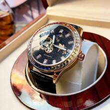 1 件男士自动机械表，彩虹水钻表圈，镂空表盘，防水，简约设计，适合日常佩戴和送礼。 - 黑色 - 查看 3