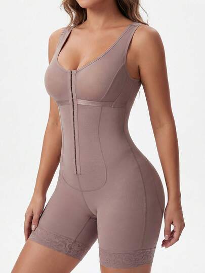 Mono con cremallera y cuello en V de estilo nude Luna Muse para mujeres, fajas moldeadoras de cintura alta, diseño sin costuras con adorno de encaje, adecuado para ir a la oficina, casual, fitness, citas, fiestas, invitadas de boda, y recuperación posparto