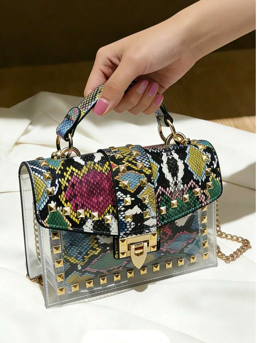 Vintage Snake Skin Print Rivet Decor Transparent PVC Patchwork Luxury Handbag, Versatile Shoulder & Crossbody Bag