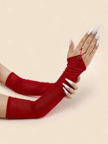 1pc Rhinestone Decor Sheer Mesh Long Gloves, Lightweight, Breathable, Suitable For Wedding & Party Halloween Burgundy - 紅色的 - 查看 4