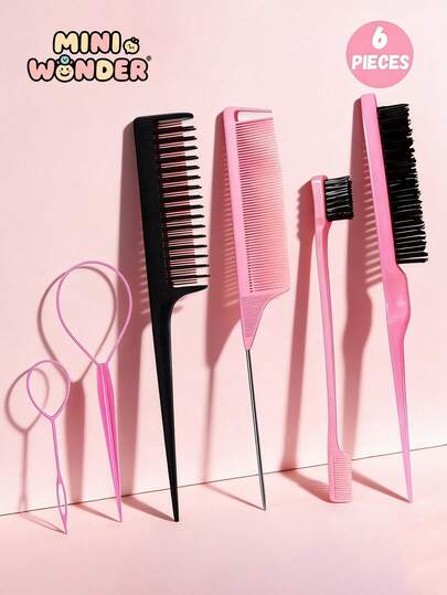 6件套专业美发梳套装，适合女孩使用，包含细齿和宽齿尖尾梳、双面发际线造型梳、粉黑双色蓬松发梳、条纹纹理梳，是干发护理的理想之选，专业发型师和美妆爱好者的理想之选。