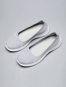 女士透气平底圆头套脚乐福鞋，系带轻便舒适软底低帮休闲运动鞋，春夏款 - 灰白 - 查看 4