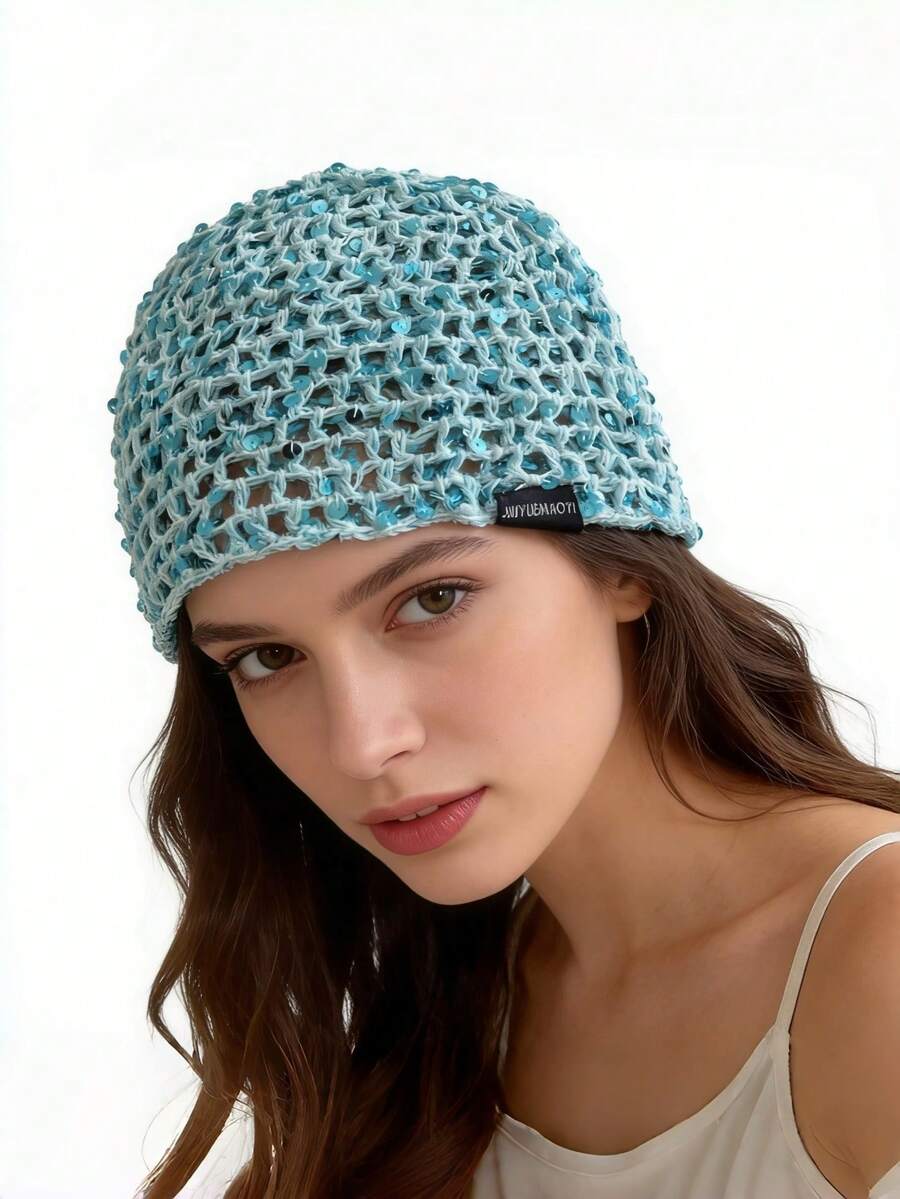 1pc Black Label With Sequin Lettering, Handmade Crochet Shiny Sequin Hollow Out Beanie Hat, Fashionable Retro Versatile Lightweight Breathable Knit Cap For Women, Spring/Summer - Multicolor - View 1