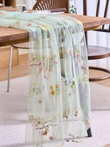 1pc Champagne Floral Embroidered Lace Table Runner, American Farmhouse Style Sheer Rectangular Tablecloth, Suitable For Weddings, Hotels, Daily Use, Holidays, Birthday Parties, Family Dinners, All Seasons - Champagne - View 1
