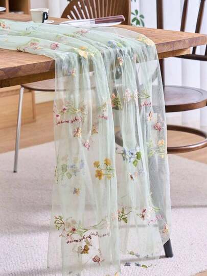1pc Champagne Floral Embroidered Lace Table Runner, American Farmhouse Style Sheer Rectangular Tablecloth, Suitable For Weddings, Hotels, Daily Use, Holidays, Birthday Parties, Family Dinners, All Seasons