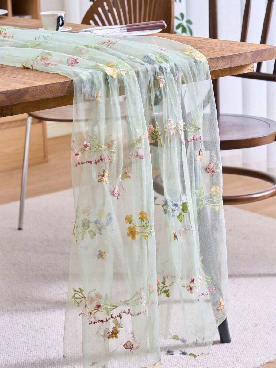 1pc Champagne Floral Embroidered Lace Table Runner, American Farmhouse Style Sheer Rectangular Tablecloth, Suitable For Weddings, Hotels, Daily Use, Holidays, Birthday Parties, Family Dinners, All Seasons - Champagne - View 1