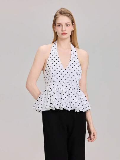 Top de moda con volantes, escote halter y espalda descubierta con estampado de lunares francés