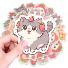 50 PCS Cute Strawberry Cat Stickers, Adorable Kitten Decals For Water Bottles Laptop Phone Case Skateboard Guitar Luggage Computer, Waterproof Vinyl Stickers For Teens Adults Students School Office DIY Crafts Decor, Cute Animal Themed Sticker Packs For Personalizing Belongings And Creative Projects - Multicolor - View 3