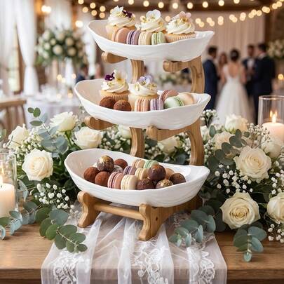 1/3层白色水果托盘，带木质支架，可作纸杯蛋糕架和甜点展示架，适用于婚礼招待会和派对装饰；优雅波浪形托盘，适用于婚礼甜点桌装饰；水果架零食收纳托盘，适用于下午茶；耐用塑料水果碗套装；适用于厨房和餐厅；多层水果、零食和甜点拼盘