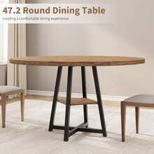Mesa de comedor redonda industrial portátil de 47 pulgadas estilo nórdico con pedestal de metal y estante para almacenamiento alta capacidad para 4-6 personas perfecta para cocina sala u oficina - Marrón - Ver 5