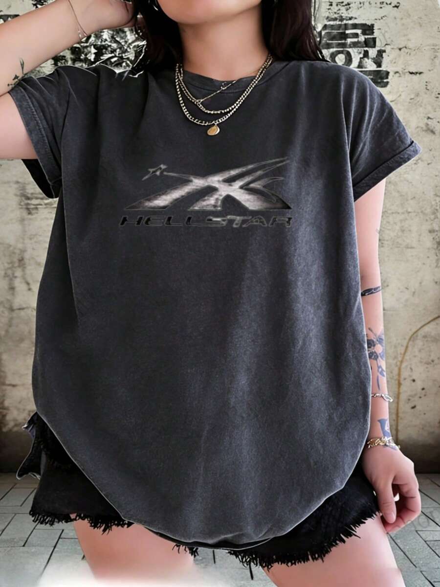 Hellstars X Logo Metallic Washed Print Round Neck Short Sleeve T-Shirt, 230g 100% Cotton T-Shirt, Summer Clothes, Women's Tops, Casual And Comfortable, Fashionable Graphic Tee, Unisex Style - Black - View 1