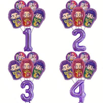 正版韩流魔女组合主题生日派对装饰气球，酷炫女孩儿童生日派对音乐节气球装饰套装，包含紫色铝箔气球和数字气球，适合婴儿洗礼蛋糕桌派对装饰玩具气球