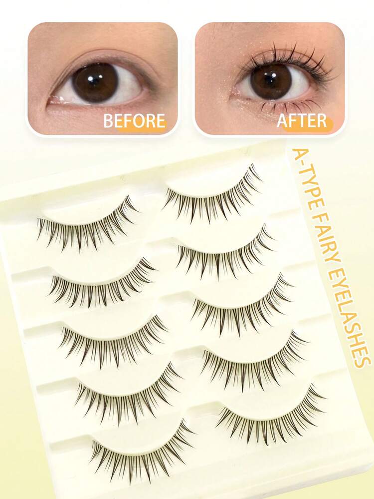 5 Pairs Slouchy Girl Essential Pointed Tail Natural Curly Thick Long Soft Criss-Cross Ultra-Fine Non-Irritating Charming Cartoon-Like Full Strip False Eyelashes, Realistic Daily Wear, Reusable - View 2