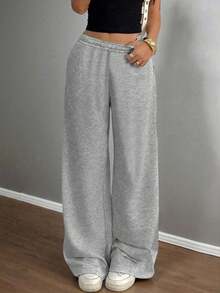 1 pieza Pantalones rectos de cintura elástica holgados de moda casual para niña y niñas, versátiles, nuevos lanzamientos para primavera/otoño - Gris Claro - Ver 7