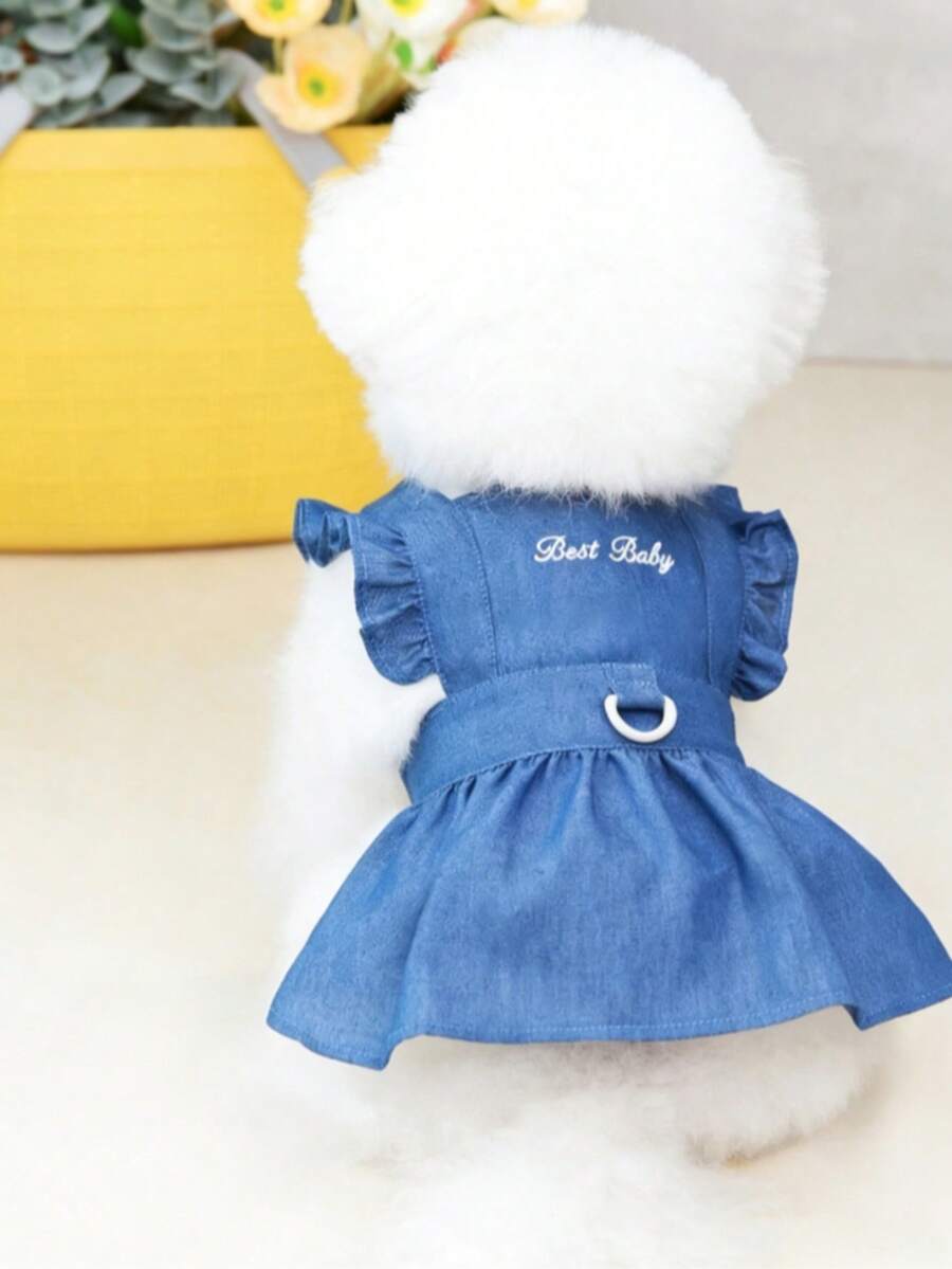 2026新款宠物牛仔连衣裙，宠物服装，狗狗连衣裙，猫咪连衣裙，轻薄字母印花牛仔连衣裙，适合春夏穿着，宠物服饰 - 藏蓝色 - 查看 1