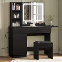 Maquillaje escritorio de vanidad con espejo y luces, mesa de vanidad con cajón y toma de corriente y silla de almacenamiento y 3 estantes, dormitorio - Negro - Ver 3