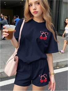 Girls 2 Piece Summer Outfit Cherry Bow Graphic Tee & Shorts Set Cute Casual Outfits - Deep Blue - View 2