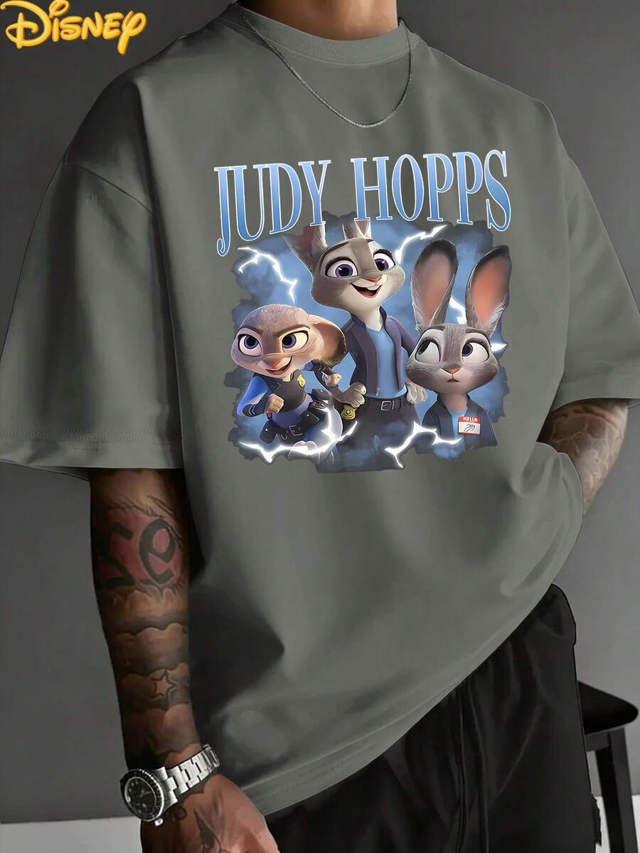 Disney Judy Hopps Multi-Image Collage: Lightning Effect Officer Theme Print Men's T-Shirt. Stylish Design, Simple And Versatile, Full Of Fashion Sense, Round Neck, Men's Pure Cotton T-Shirt With Bound Edges, Summer Casual. - 灰色 - 查看 1