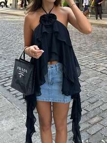 Vellofy Women's Y2K Sexy Halter Neck Ruffle Trim Crop Top, Backless Asymmetrical Strap Short Sexy Blouse, Suitable For Beach Holiday Outfit - Black - View 1