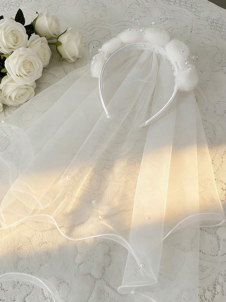 1件白色薄紗珍珠蝴蝶結髮箍,極簡風婚禮飾品,適合小女孩衣著與髮飾裝飾 - 彩色 - 查看 1