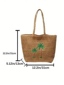 BEIKAMU New Woven Coconut Tree Tote Bag, Large Capacity Handbag Shoulder Bag, Casual Vacation & Commute Style For Women - Khaki - View 2