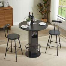 3-Piece Bar Table And Stool Set: 80cm Round Table With Two Stools, Wooden Dining Table With Metal Ring-Shaped Footrests. Ideal For Dining Rooms, Cafes, Bars, Living Rooms, Etc. - Black - View 5