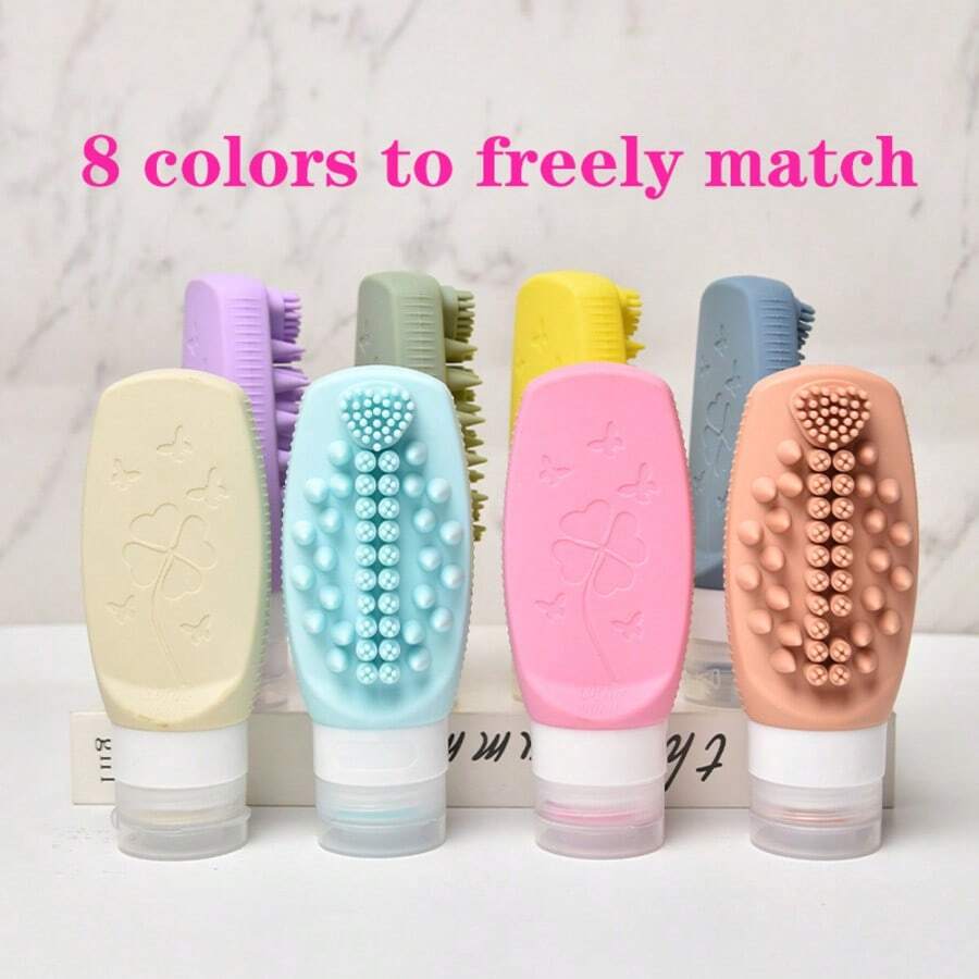 1个硅胶旅行可重复灌装瓶：90毫升液体分配瓶，带刷头，可重复使用，挤压式洗漱瓶，方便清洗的面部/头发刷，按摩清洁，适用于洗发水、沐浴露、乳液、液体 - 彩色 - 查看 1