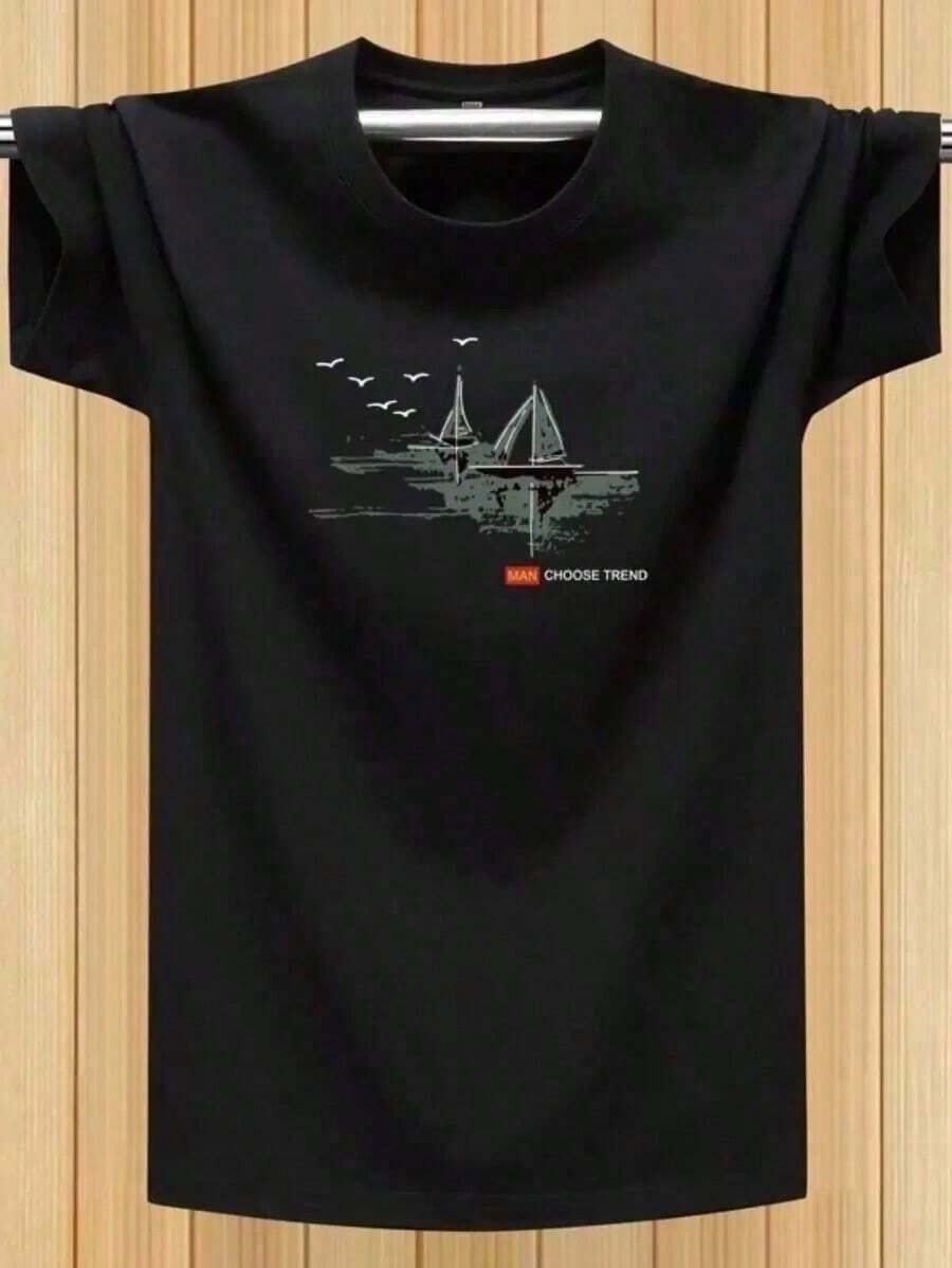 Camiseta Estampada Moda Unissex Barcos À Vela Com Pássaros 100% Algodão - Preto - Visão 1