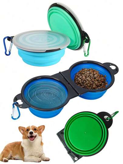 1pc Foldable Pet Dog Bowl, Portable Cat Dog Water Bowl (Suitable For Dogs And Cats) With Lid And 1 Carabiner Clip Collapsible Pet Food Water Bowl (Suitable For Travel), Super Convenient To Carry, Easy To Clean. Can Be Hung On Any Leash, Dog Travel Backpack Or Tote Bag. Suitable For Small, Medium And Large Outdoor Pets (Blue, Green)