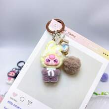 New Flocked Ombre Asymmetric Ear Keychain, Fashionable Cute Cartoon Accessory Bag Charm Key Chain - Multicolor - View 3