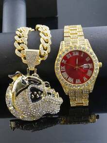 一套嘻哈欧美风镶钻斗牛犬吊坠项链，男士嘻哈钻石形项链，男士手表套装，适合派对和节日佩戴，是送给亲朋好友的绝佳礼物 - 首飾套裝 - 查看 20