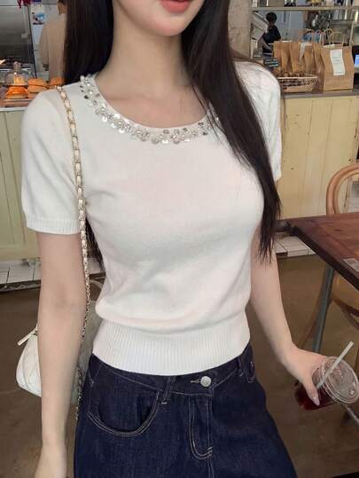 甜美串珠珍珠闪亮钻石针织短袖T恤，夏季女童款白色修身上衣