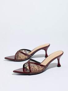 女士经典交叉网眼拼接舒适高端性感镂空网眼猫跟凉鞋，时尚舒适尖头优雅百搭酒红色细高跟鞋，适合派对、约会、购物、T台走秀、户外活动、情人节、母亲节、妇女节、斋月、新年礼物 - 酒紅色 - 查看 5