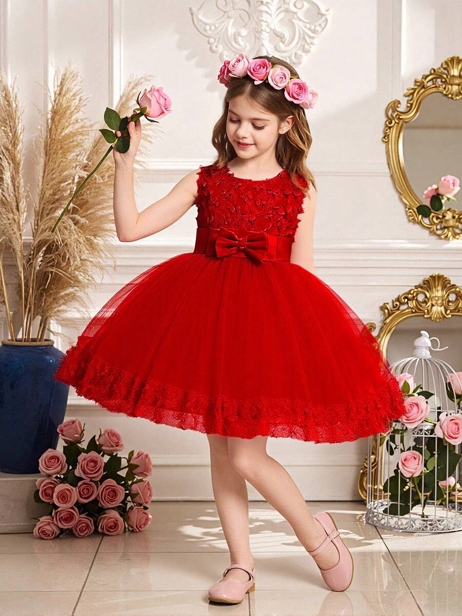 Young Girl Sleeveless 3D Floral Bowknot Embellished Elegant Dress, Suitable For Vacation, Headband Not Included - Red - View 1