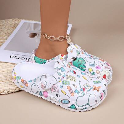Women Printing Mule Clogs EVA Waterproof Flat Slippers Adjustable Buckles Soft Sole Nurse Shoes Slip-On Chef Shoes For All Season Wear