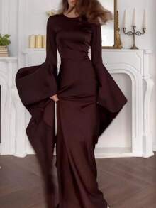 Slim Fashion Temperament Swinging Sleeve Evening Dress - Coffee Brown - View 1