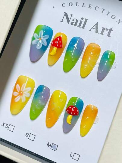 1package/10pcs-Vibrant Colorful Ombre Nails | 3D Mushroom & Daisy Decor Fake Nails For Vacation