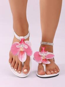 2026新款女士露趾平底凉鞋，夏季白色兰花图案松紧带凉鞋，时尚人字拖凉鞋 - 白色 - 查看 3