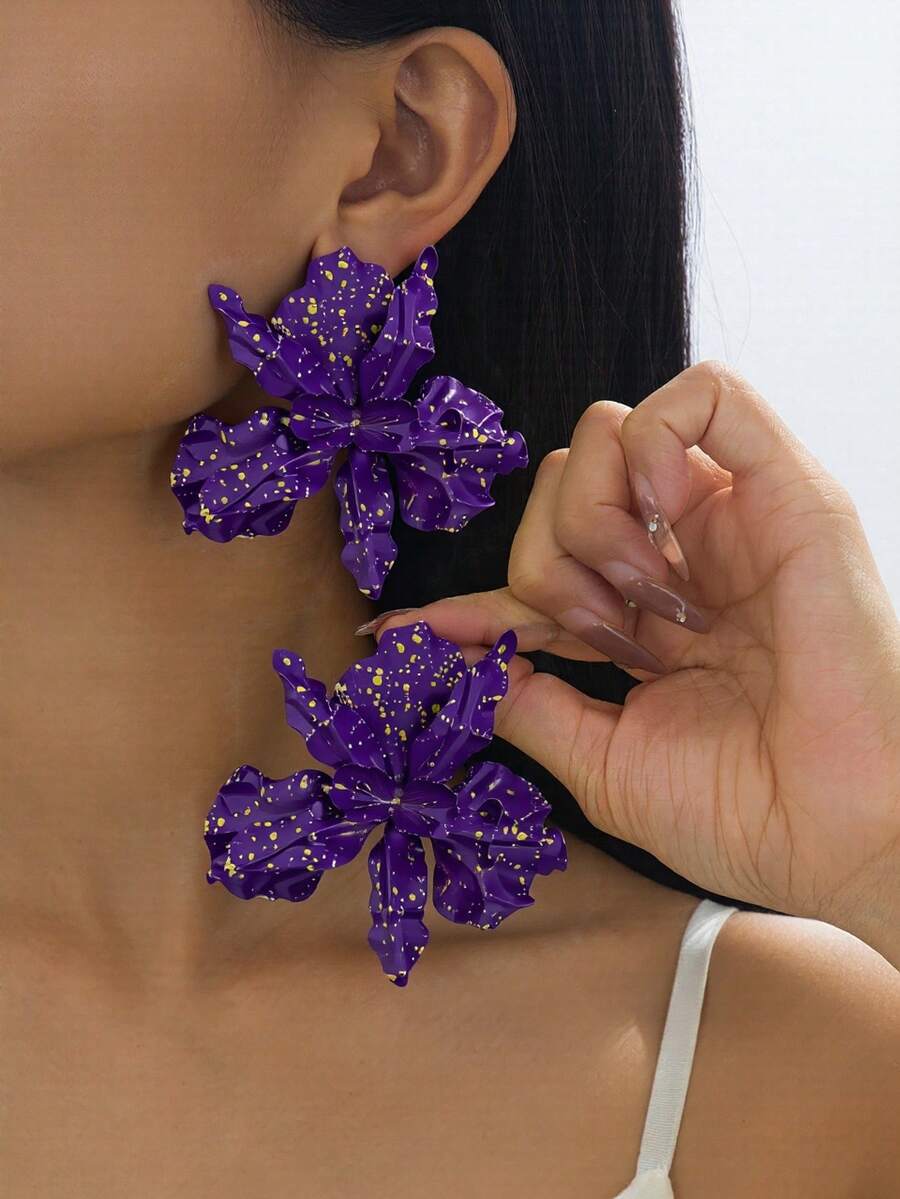 Exaggerated Purple Iris Flower Earrings For Women - Gold Polka Dot Large Floral Drop Earrings, Party Jewelry