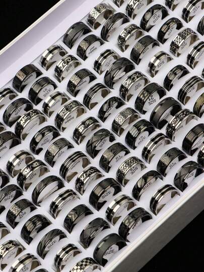 10/20Pcs/Lot Fashion Exquisite Classic Black Drip Oil Lines Stainless Steel Men Women Rings Flame Heart Wave Lizard Random Styles Casual Party Gifts For Friends Daily Wearing Accessories