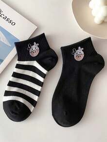 1/5 Pair Cartoon Cow Embroidered Socks, Black & White Striped Polka Dot Breathable Moisture-Wicking Unisex Socks, Japanese School Style Versatile Ankle Socks - Multicolor - View 8