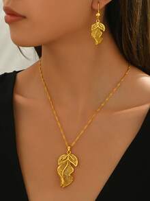 Bộ 2 món trang sức cưới kiểu Trung Đông Dubai, mạ vàng đồng, gồm bông tai và dây chuyền hình lá. - Vàng - Xem 4