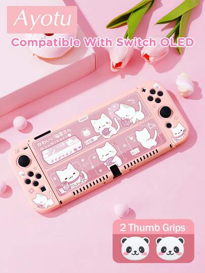 Ayotu غطاء واقي لوحدة التحكم بتصميم قطة وردية، مناسب لأجهزة الجديدة 2 (2025)/Switch NS/Switch OLED، يمكن استخدامه على محطة الإرساء دون إزالة الغطاء الواقي، غطاء واقي عالمي لوحدة التحكم في الألعاب، يأتي مع 2 غطاء عصا التحكم، ملحقات ألعاب ، مضاد للسقوط والخدش، هدية عيد الحب/عودة إلى المدرسة