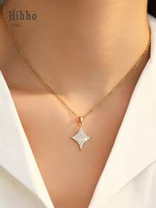 Hihho 1pc Sparkling Full Rhinestone Four-Pointed Star Pendant, Niche Elegant Clavicle Chain Accessory, Available In Gold And Silver Colors - Four-pointed Star - View 9