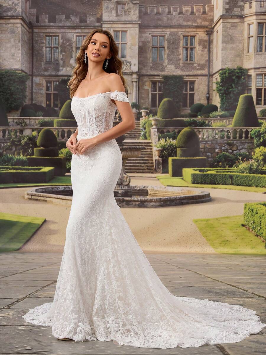 HEARBOBO Elegant White Lace Applique Mermaid Graduation Gown, Fairy Wedding Dress With Train