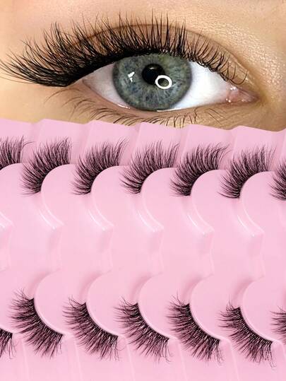 7对短款3D半条仿貂毛假睫毛，透明梗，猫眼款式，自然妆效