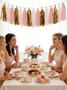 15Pcs/Set Pink Gold Mylar Tassels Garland With Rope, Tissue Paper Tassels Banner DIY Kit For Weddings, Birthdays, Bridal Showers, Party Supplies, Bachelorette Parties, Mother's Day, Graduation Party - Pink - View 4