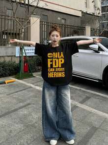 Y2K 复古风超大号 T 恤，做旧字母图案 T 恤，海军蓝宽松休闲上衣，夏季黑色 - 黑色 - 查看 3